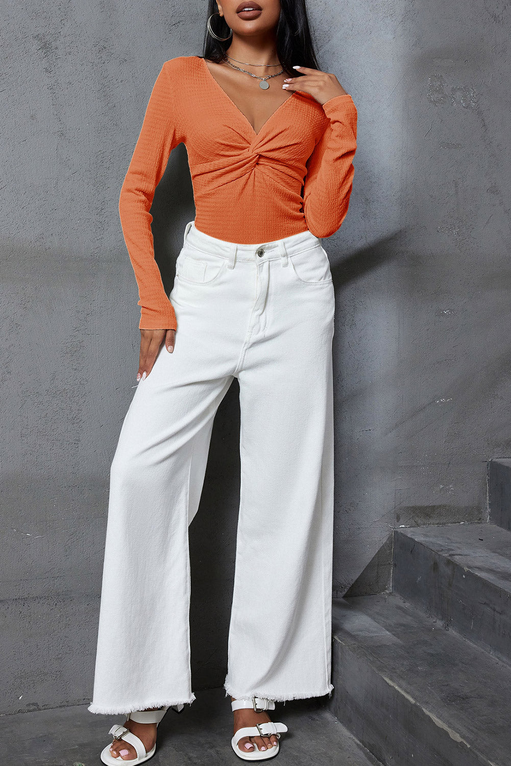 Orange Textured Twist Front V Neck Long Sleeve Slim Solid Color Top